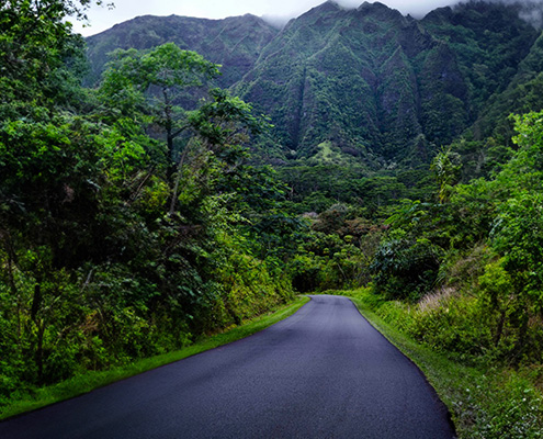 Road leading to mountains in Hawaii.
