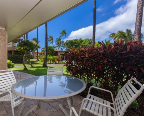 Patio with a table, chairs, and garden views.